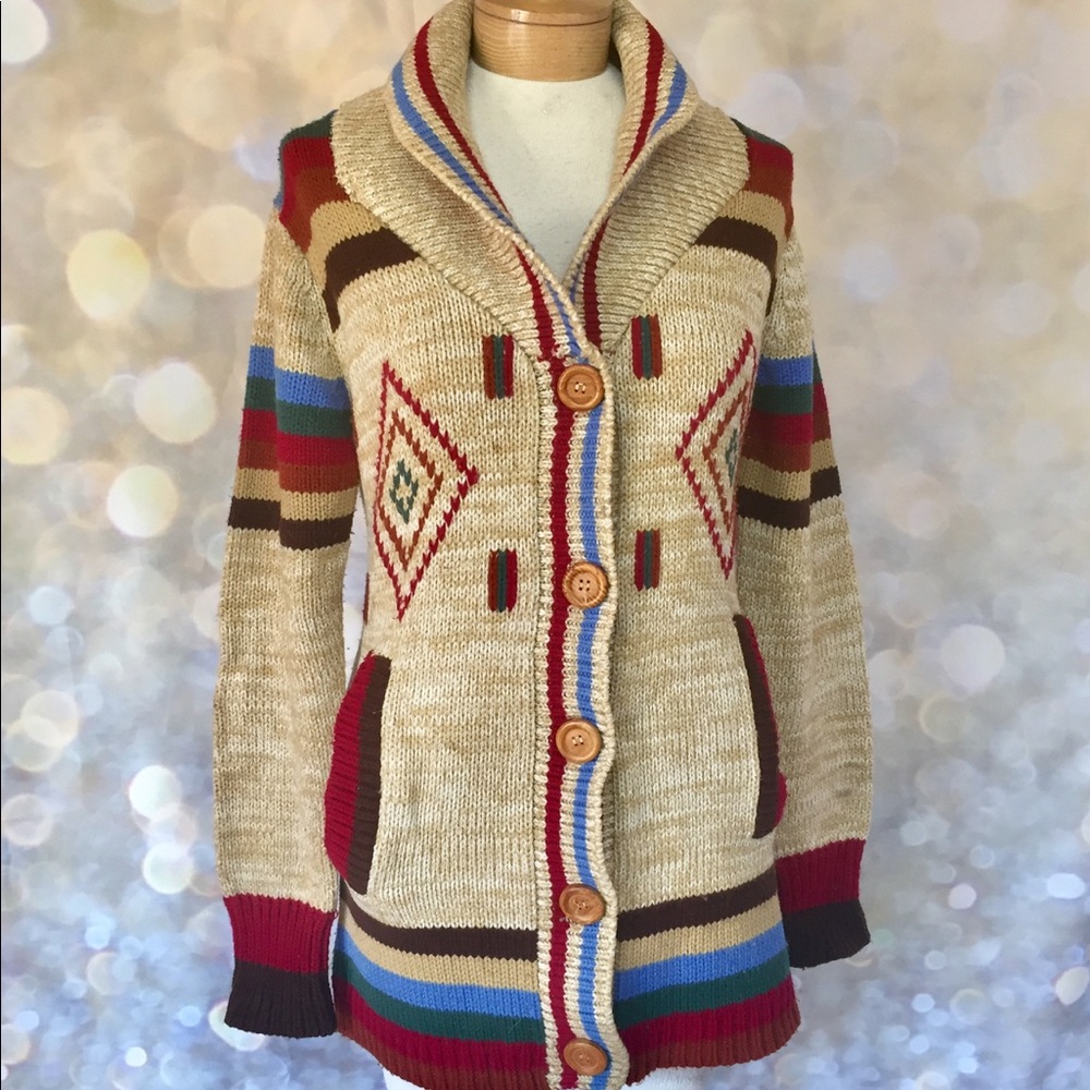 Vintage 1970s 70s Southwest Sweater Coat M Long Cowl Neck Big Button Front